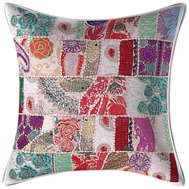 Stylo Culture Indian Cotton Vintage Fabric Patchwork Cushion Covers Large 60cm x 60cm White Boho 24x24 Inch Embroidered Square Couch Lounge Floral Throw Pillow Cover - (1 Pc)