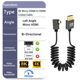 GELRHONR Coiled Micro HDMI to HDMI Cable 8k, Short Micro HDMI Cable Male to Male Spring Flexible Slim Cord 48Gbps High Speed Support 3D 8K@60Hz, for Camera Video Capture Card,TV (Left Angle)