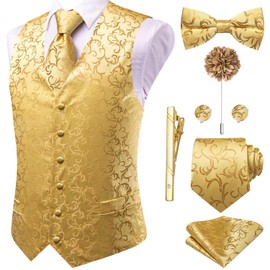 Hi-Tie Gold Mens Silk Jacquard Suit Vest Necktie and Pre-tied Bow Tie Set Lapel Pin Gold Tie Clip Paisley Floral Waistcoat 8PCS Set Tuxedo Wedding Party