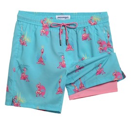 maamgic Mens Swim Trunks 7" Swim Shorts with Compression Liner Quick Dry Swimming Trunks Plaid Grain Bathing Suit Green-Pink Flamingo Large