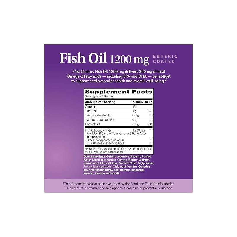 21St Century Fish Oil 1200 MG Enteric Coated Softgels, 90-Count