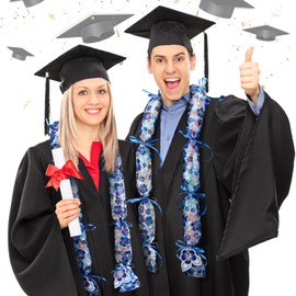 Jexine 118 Feet Graduation Candy Lei Making Kit Hawaiian Candy Lei Kit includes 30 Pcs Candy Lei Bags 750 Feet Ribbon 24 Pcs Hibiscus Cards for Graduation Party Gift Lei Kit (Blue,Hibiscus)