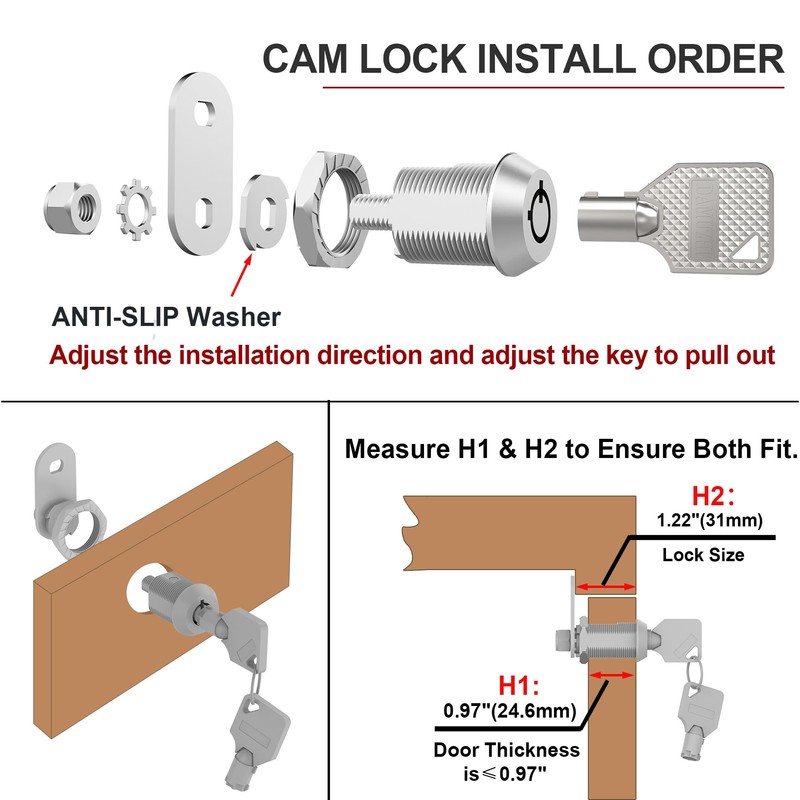 BOZXYE 3 Pack Cabinet Locks with Keys, 1-1/8" Tubular Cam