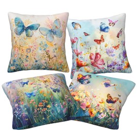 Colorful Floral Butterfly Pillows Cover Set of 4 Butterflies Decor Throw Pillow Covers Summer Pillowcase Cushion Case Flower Plants Pillow Decorative for Couch Sofa Home Office Outdoors 16x16 Inch