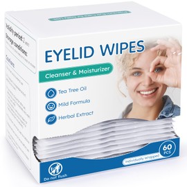 Tea Tree Oil Eyelid Cleansing Wipes for Dry Eye & Blepharitis, Pre-Moistened Hypoallergenic Eye Wipes for Sensitive Itchy Eyes, Individually Wrapped Eyelid Wipes Travel Essentials (60 Count)