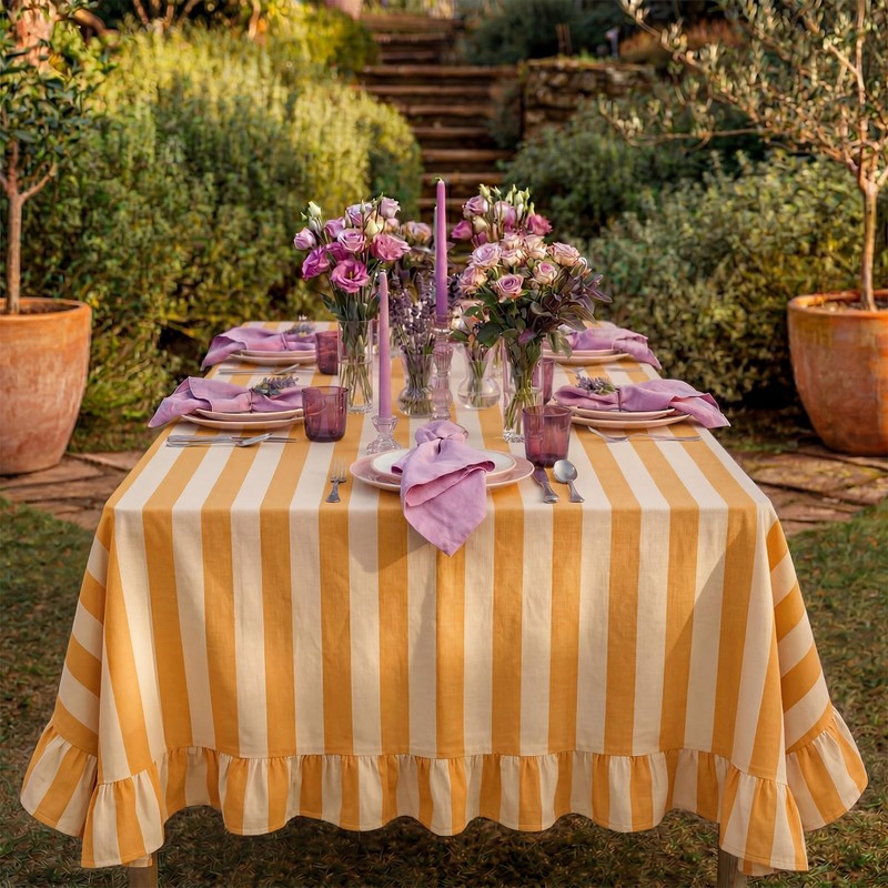 Tudomro 1 Pcs Ruffle Edge Striped Tablecloth, 84'' x 60''