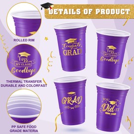 Yinder 200 Pcs Disposable Graduation Party Plastic Cups, 16 oz Graduation Decorations 2025 Grad Stadium Cups, Hot Cold Drinks for Graduation Party Graduation Favors (Purple and Gold)