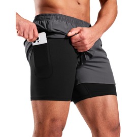 MIER Mens Sports 2 in 1 Shorts with Zip Pockets 5 Inch Quick Drying Running Shorts with Compression Liner, Dark Grey, L