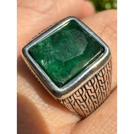 HarlemBling 6ct Natural Green Emerald Real Gemstone Mens Real Solid 925 Silver Signet Ring - 13