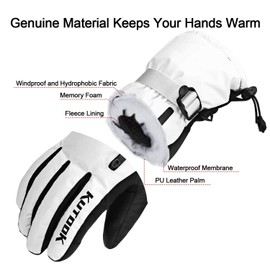 KUTOOK Ski Gloves White Snowboarding Gloves Women Thermal Fleece Touch Screen Windproof with Zipper Pocket Large