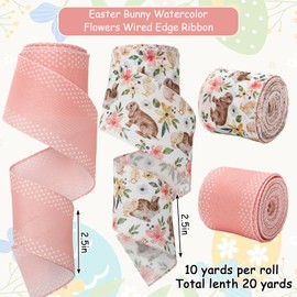 FYSUIMU Easter Wired Edge Ribbon Floral Bunny Fabric Ribbon Peach Pink Flower Rabbit Craft Ribbon for Spring Wreath Bow DIY Crafts, 2 Roll, 20 Yards