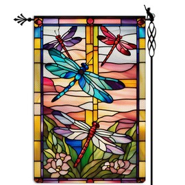 Jauageon Spring Summer Dragonfly Garden Flag Stained Glass Style Flowers Garden Flag Vertical Double Sided Rustic Farmland Burlap Yard Lawn Outdoor Decor 12.5x18"