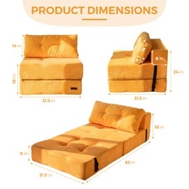 MAXYOYO Folding Sofa Bed, Convertible Sofa Bed with High-Density Support Foam, Portable 4 in 1 Fold Out Chair to Floor Bed, Versatile Floor Sofa Couch for Living Room Bedroom, Orange