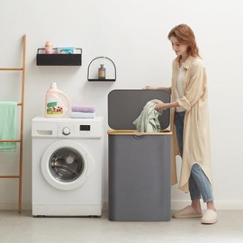 Lifewit 150L Laundry Basket with Lid, Clothes Hampers for Laundry with Bamboo Handles and 2 Removable Bags, Large Foldable Laundry Hamper for Bedroom, Bathroom, Dorm, Grey