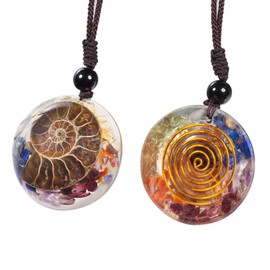 KYEYGWO Natural Snail Ammonite Fossil Pendant for Men and Women, 7 Chakras Stone Necklace, Reiki Healing Crystal Pendant, Gemstone Amulet, Retro Jewellery with Adjustable Nylon Rope, Resin Nylon