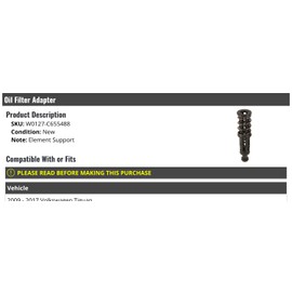 Marketplace Auto Parts Oil Filter Adapter - Element Support - Compatible with 2009-2017 Volkswagen Tiguan