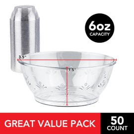 Stock Your Home 50 Count 6oz Elegant Plastic Bowls with Floral Design, Plastic Disposable Bowls for Dessert, Ice Cream, Salsa - Fancy Small Clear Plastic Bowls, Single Serving Bowls for Catering
