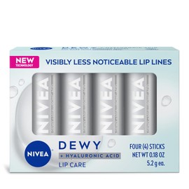 NIVEA Cuidados labiais orvalhados com ácido hialurônico, protetor labial deixa linhas labiais visivelmente menos notáveis e sem sensação de cera, 5 g, pacote com 4