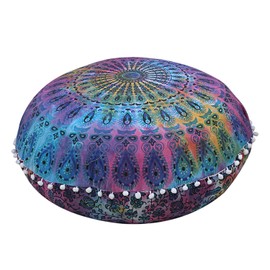Shubhlaxmifashion Mandala Floor Pillow Cushion Seating Throw Cover Hippie Decorative Bohemian Ottoman Poufs, Pom Pom Pillow Cases,Boho Indian (32 Inches, Multi Tie Dya)
