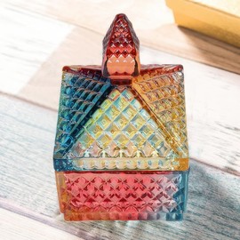 LWXPAIYY Colored Multicolor Glass Candy Dish with Lid 9 oz,Rainbow Covered Small Cute Decorative Vintage Candy Jar with Lid,Colorful Embossed Candy Dishes Bowl with Lids for Office Desk(Color)