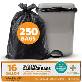 PlasticMill Heavy Duty Trash Bags - Black Garbage Bags - Plastic Trash Bags - Kitchen, Bathroom, Office Garbage Bags, Trash Can Liners - 12-16 Gallon, 1.2 Mil, 24"x31" (250-Count)