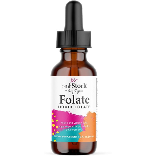 Pink Stork Liquid Folate: Organic Lemon Peel Folate, Prenatal Vitamins for Healthy Development + Vitamin C, Women-Owned, 2 oz