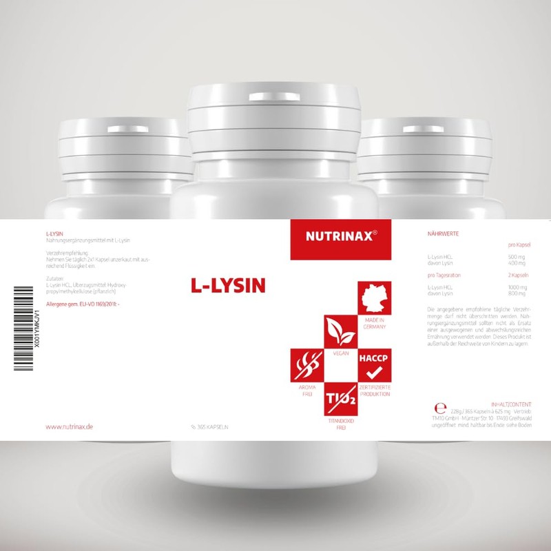 NUTRINAX L-Lysine 365 Vegan Lysine Capsules High Dose with 1000