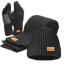 MADOG Winter Warm Knit Synthetic Wool Beanie Hat Scarf Touchscreen Gloves Set for Women Men (Black)