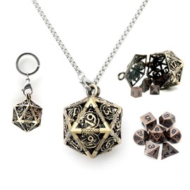 Haxtec Mini Metal DND Dice Set with Bronze Hollow D20 Necklace Dice Case Antique Small Metal Dice Set D&D Portable 7 Pieces Keychain Dice Set