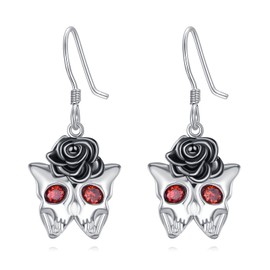 Skull Butterfly Earrings Sterling Silver Black Rose Earrings Skull Dangle Drop Earrings Gothic Earrings Skull Jewelry Birthday Gifts for Women Girlfriend (Skull Butterfly Earrings)