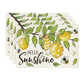 Artoid Mode Lemon Bee Leaves Hello Sunshine Summer Placemats Set of 4, 12x18 Inch Seasonal Spring Table Mats for Party Kitchen Dining Decoration
