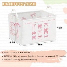 Rectangular Storage Basket with Pink Bow and Bible Quotes, Collapsible Toy Bin, Girls Storage Bins with Handles, Foldable Versatile Adult Kids Bin for Room Decor, Toy Box, Gift Organizer Bins