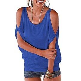 Miselon Juniors Ruffle Hollowed T Shirts Short Sleeve Cold Shoulder Tops (L, Blue)