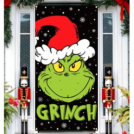 Vohado Merry Christmas Door Cover Welcome to Whoville Green Elf Xmas Decoration Winter Holiday Party Supply Front Porch Banner for Indoor Outdoor Home Decor