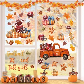 Ausril Fall Football Window Clings,Autumn Pumpkin Wall Sticker,Hello Fall Window Decoration,Maple Leaves Wall Decal,Thanksgiving Day Sticker,Truck Football Rugby Helmet Wallpaper for Glass Home Office