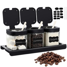 Suclain 3 Pcs Glass Coffee Station Organizer Set Coffee Containers for Coffee Bean and Sugar with Labels Glass Coffee and Sugar Jar Set with Spoon, Base and Pen, Black
