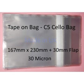 celloexpress Tape on Bag C5 - Cellophane Greeting Card Display Bags 30 Micron -Medium Cello Size - 167mm x 230mm + 30mm Self Seal Flap - Pack of 100