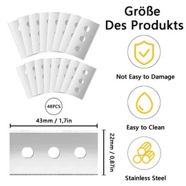 Ceramic Hob Scraper Replacement Blades, 43 mm, Pack of 48 Double-Sided Scraper Blades, Blades for Ceramic Hob Scraper, Ceramic Hob Scraper Blades, Replacement Blades with Three Holes for Glass Scraper