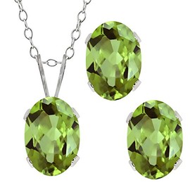 Gem Stone King 2.70 Cttw Oval Green Peridot 925 Sterling Silver Pendant Earrings Set For Women | Gemstone Birthstone | Oval 7X5MM | With 18 Inch Chain