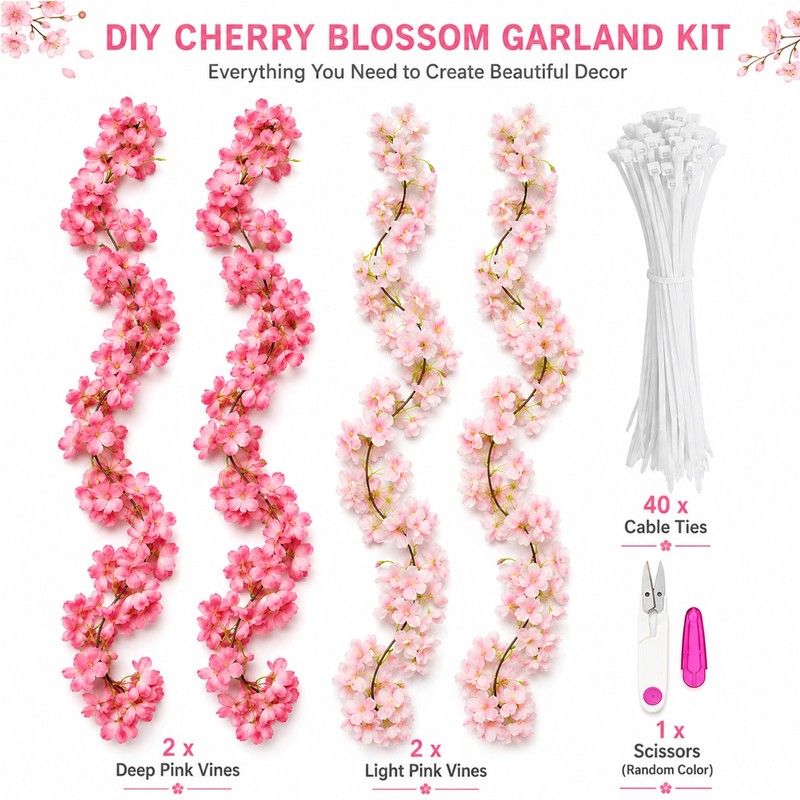 Pownert 4 Pcs 180cm Cherry Blossom Flower Garland Vines Set,