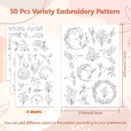 Peacoblue Water Soluble Embroidery Patterns for Beginners 4 Sheets with 50pcs Lily of the Valley Patterns, Hummingbird, Wash Away Embroidery Pattern Stabilizer for Hand Sewing Lover Women Adults