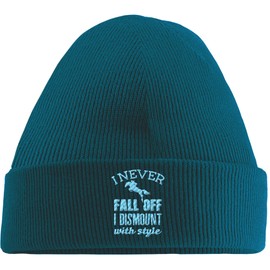 Hippowarehouse I Never Fall Off I Dismount with Style - Horse Riding Embroidered Beanie Hat Blue with Baby Blue Stitch