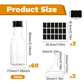 YUDAWN 60 Pack Mini Plastic Bottles, 25ml Small Miniature Alcohol Bottle Empty Mini Reusable Shot Bottles with Lids Funnels Stickers for Wedding Party Spirit