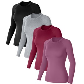 Coume 4 Pack Women's Compression Long Sleeve Shirts Crew Neck Workout Tops Quick Dry Gym Running Athletic Sports Underscrubs(Black Gray Wine Rose Brown,XL)