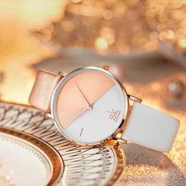 Shengke ladies' Watch, Women’s Creative Watch, Brand Watch, Mesh Dress Watch, Genuine Leather, Bracelet
