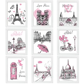 Spakon 9 Pieces Paris Bathroom Decor Paris Theme Wall Art Room Decor Romantic Pink Eiffel Tower Wall Art Bedroom Pictures