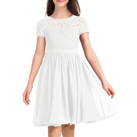 YOVION Girls Floral Lace A-Line Crewneck Short Sleeve High Waist Flared Swing Junior Bridesmaid Midi Dress 12 Years White