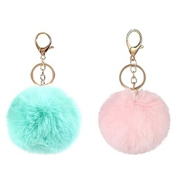 Yecomsy Pom Pom Keychains Colorful Faux Rabbit Fur Ball Keychain Cute Pom Pom Keychain Accessories Car Bag Charm-B/Light Blue/Pink