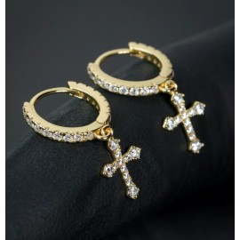 Tsv Jewelers Small 14K Gold Plated Sterling Silver Dangle Cross Drop Huggie Hoop Earrings