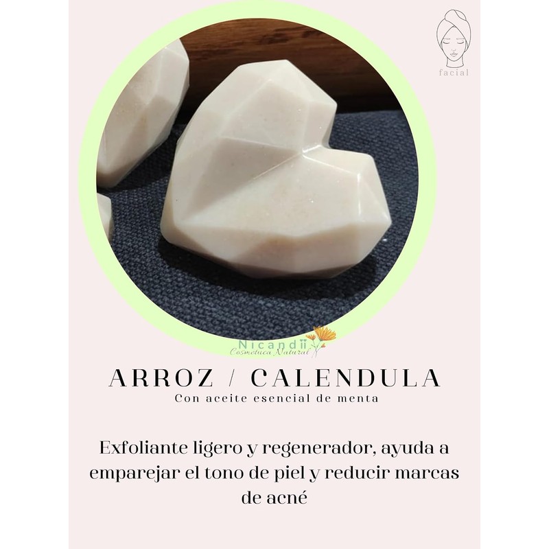 Jabones artesanales: Arroz con calendula, Carbón activado con romero, Avena